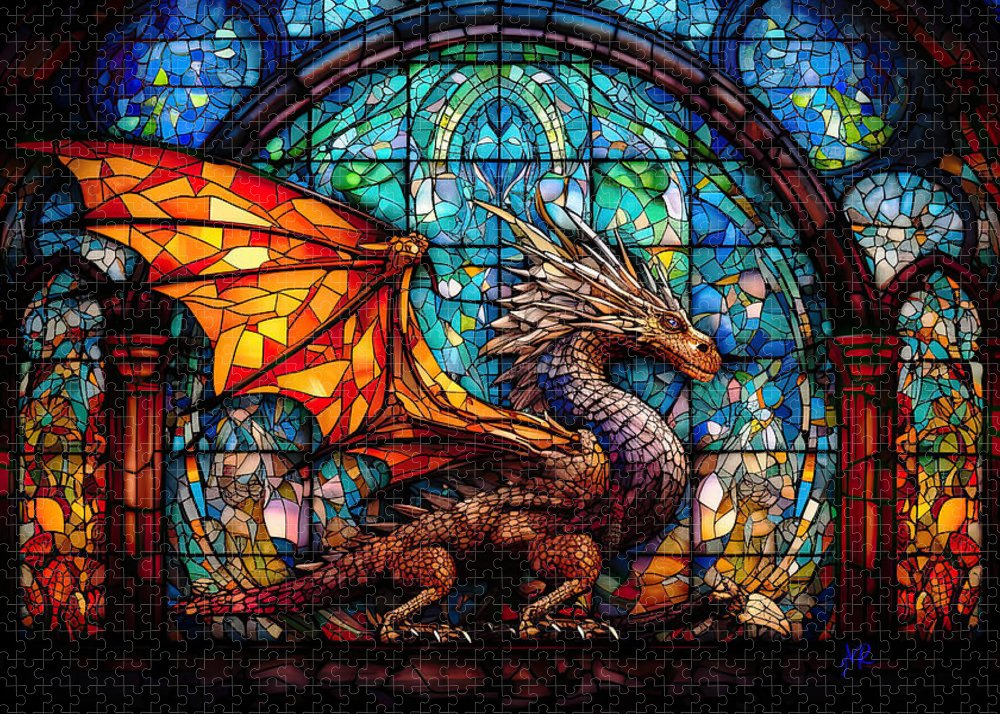 Image features a puzzle with a colorful dragon within a stained-glass window.