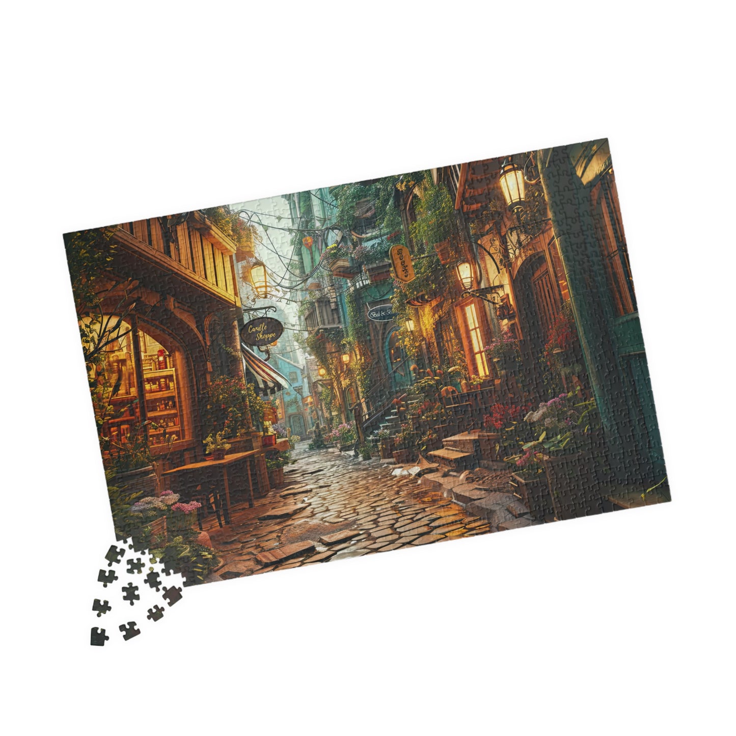 Twilight on Cobblestone Street- Jigsaw Puzzle