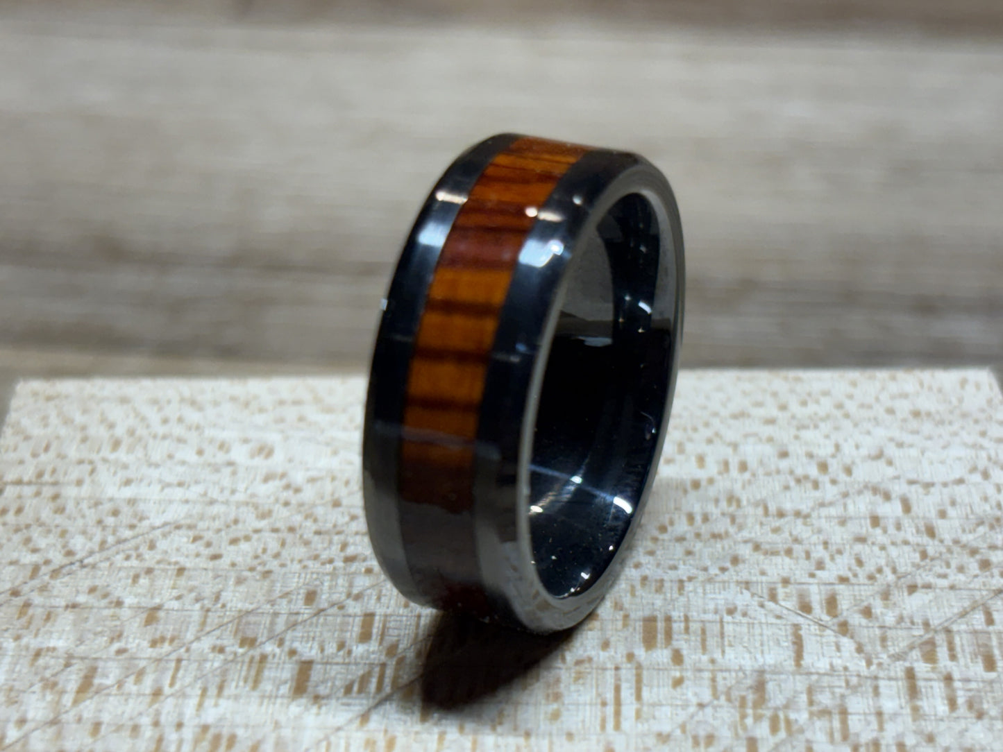 Custom Black Ceramic and Cocobolo Wood Ring Size 9.5