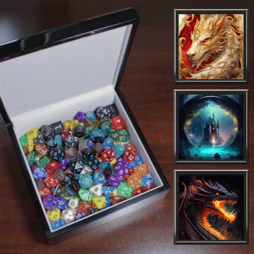 Image features a view of an open wood box filled with a variety of role-player dice. Images along the side feature pictures of fantasy dragons and a castle depicting the images on top of each wood box.