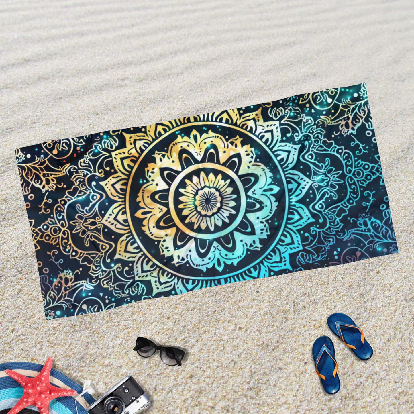 Teal and Yellow Mandala- Beach Towel