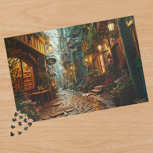 Twilight on Cobblestone Street- Jigsaw Puzzle