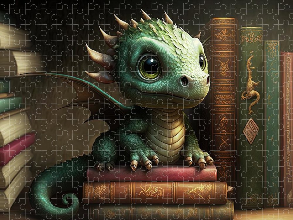 Baby Dragon on Shelf - Premium Puzzle