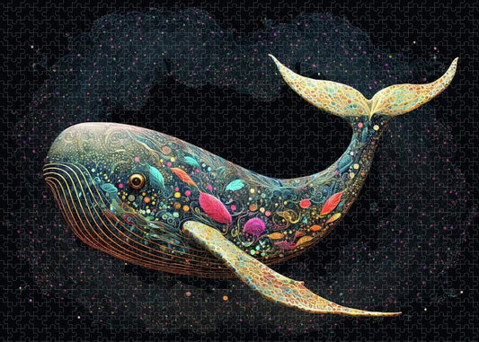 Colorful Filigree Whale in Black Ocean - Premium Puzzle