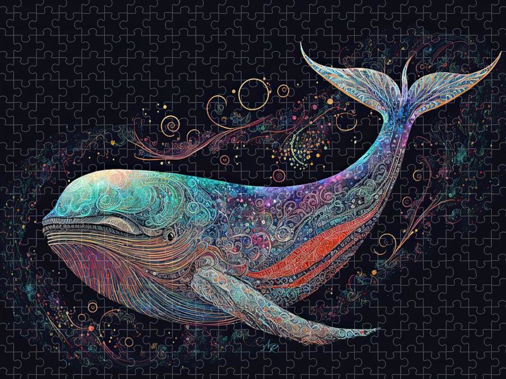 Colorful Filigree Whale in Black Sea - Premium Puzzle